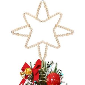RoundFunny Christmas Beaded Star Tree Topper Farmhouse Decoration 11 Inch Natural Wood Beads Rustic Star Topper for Xmas Holiday Ornament Decor
