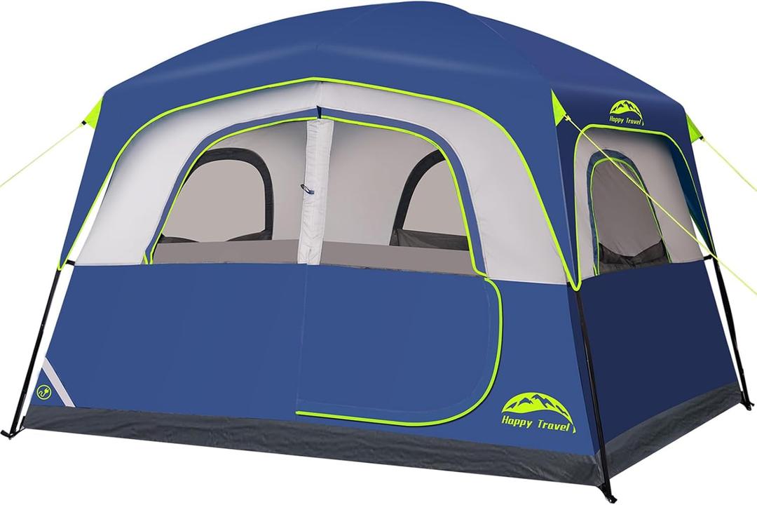 Happy Travel Tent 6 Person Tents for Camping, Waterproof Easy Setup Camping Tent with Rainfly, Portable Large Family Cabin Tent with 5 Large Mesh Windows and Carry Bag for Outdoor Camping & Hiking