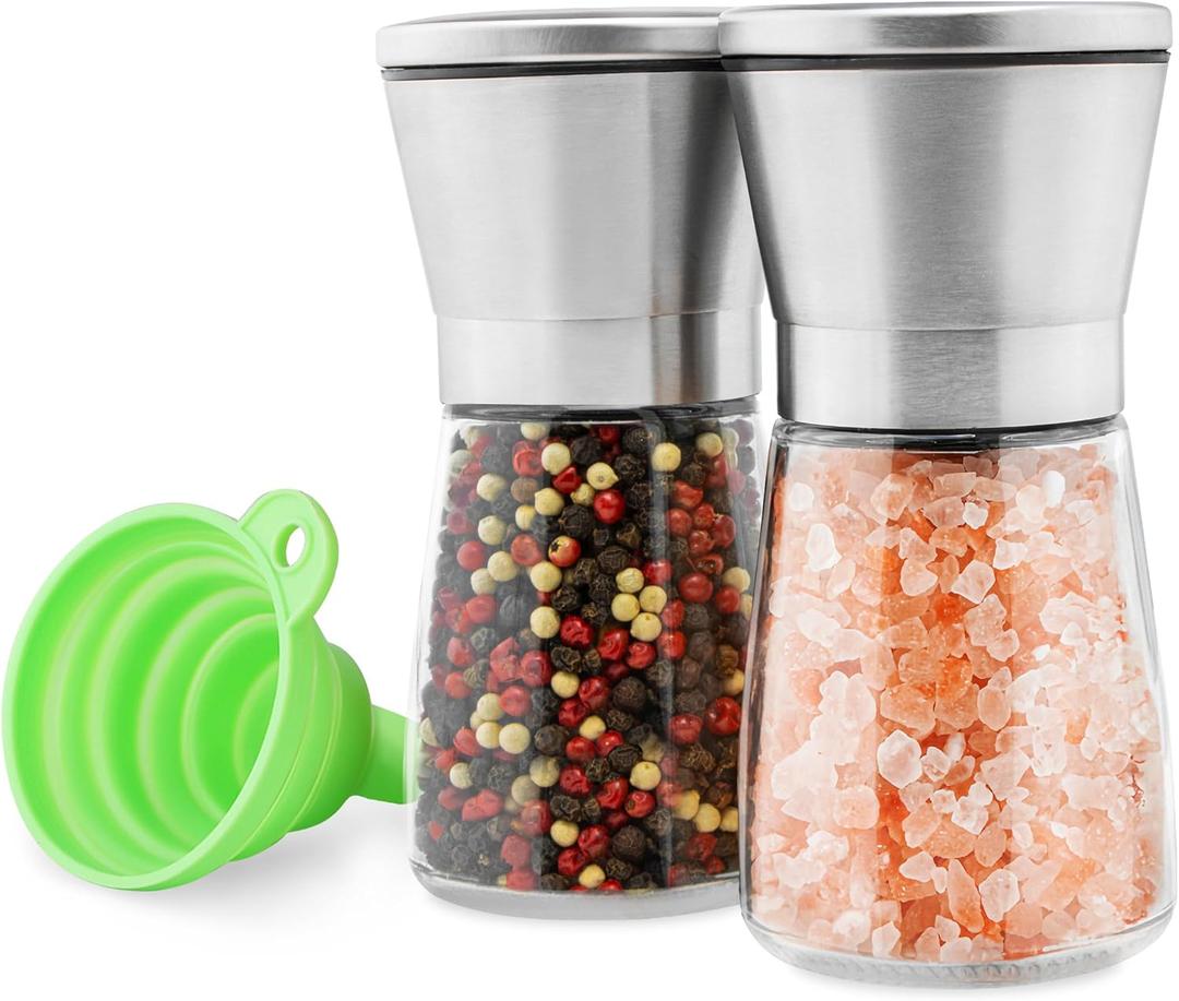 Stainless Steel Salt and Pepper Grinder Set of 2 - Pepper Mill & Salt Mill with Adjustable Coarseness - Glass Spice Shakers - Easy Clean Ceramic Grinders W/Funnel