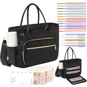Large Bible Bag Bible Case Cover for Women with Shoulder Strap, Bible Study Supplies Journaling Kit Carrying Case with 75 Bible Tabs, 12 Highlighters and 5 Gel Pens, Christian Gifts for Women, Black