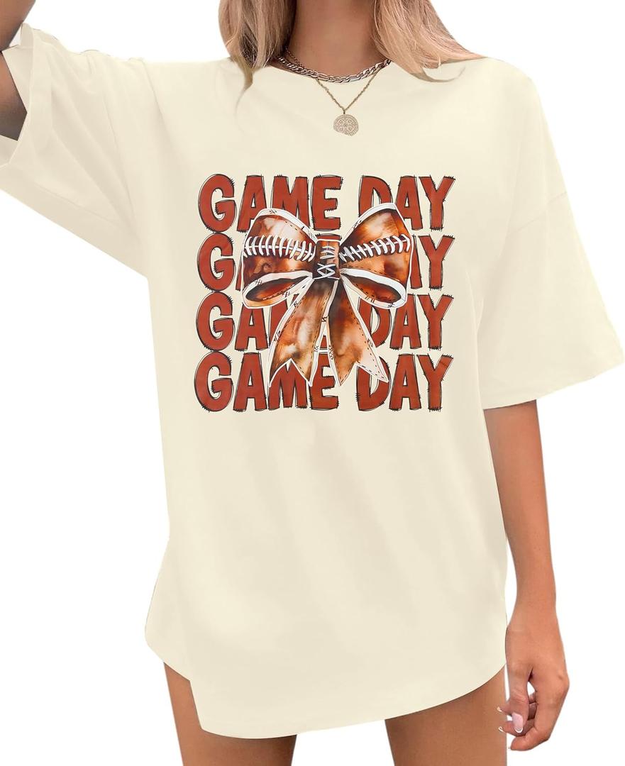 QLIPIN Game Day Shirts Women Oversized Football Bow Shirt Football Mom Tshirt Gameday Coquette Bow Short Sleeve Tee Tops (Small, Apricot)