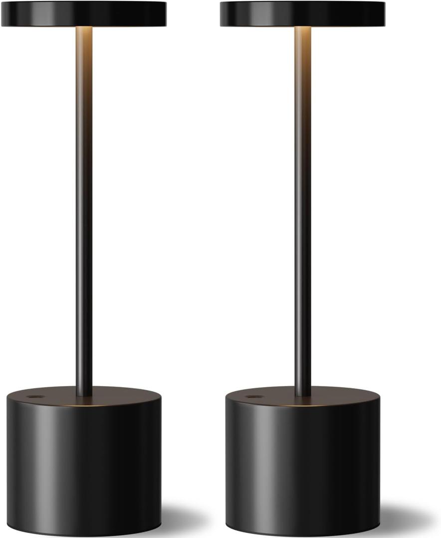 Black Cordless Table Lamp, 4000mAh Rechargeable Battery Powered Lamps, 3 Color Stepless Dimming, LED Wireless Outdoor Lamps for Dining Room, Bedroom, Bar, Cafe, Restaurant, Patio, Camping, Set of 2