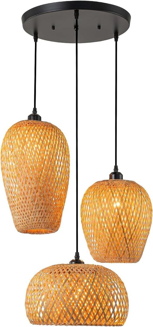 Rustic Rattan Pendant Light Fixture 3-Lights Farmhouse Bamboo Pendant Lighting Wicker Lamp Basket Woven Shade Chandelier for Dining Room Kitchen Island Living Room Bedroom