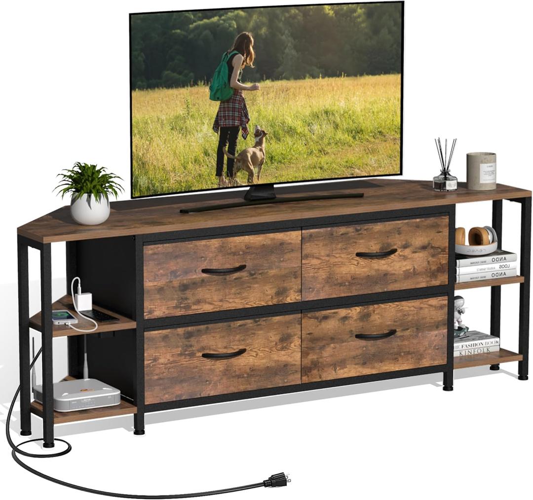 EXOTICA Corner TV Stands for Living Room with 4 Drawers and Power Outlet Industrial Corner Entertainment Centers for TVs up to 55 Inches Farmhouse Corner Console Table with 4 Open Storage for Bedroom, 55.12"lx15.35"wx19.96"h