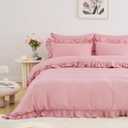 Horbaunal 5 Pcs Pink Ruffle Duvet Cover Queen Size Soft Microfiber Shabby Chic Ruffled Duvet Cover Set, Vintage French Country Ruffle Bedding Set with Zipper Closure & Corner Ties, 90" x 90"