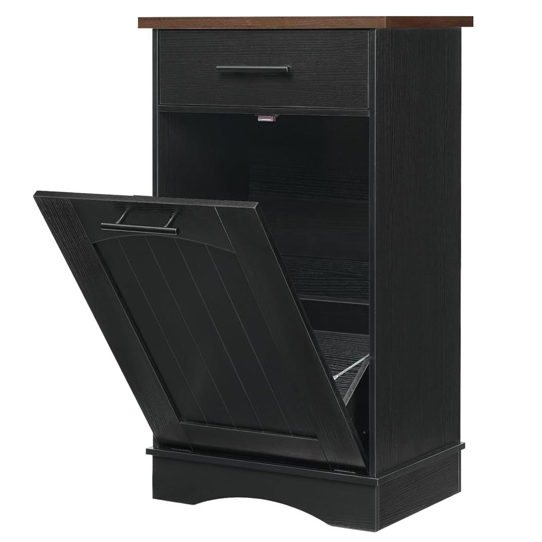 HOOBRO 10 Gallon Tilt Out Trash Cabinet, Kitchen Trash Can, Trash Bin Storage, with Flip Door and Large Drawer, Hidden Laundry Hamper Cabinet, for Kitchen, Laundry, Black and Walnut BH02LJ01, 20.5"L x 13.7"W x 35.8"H