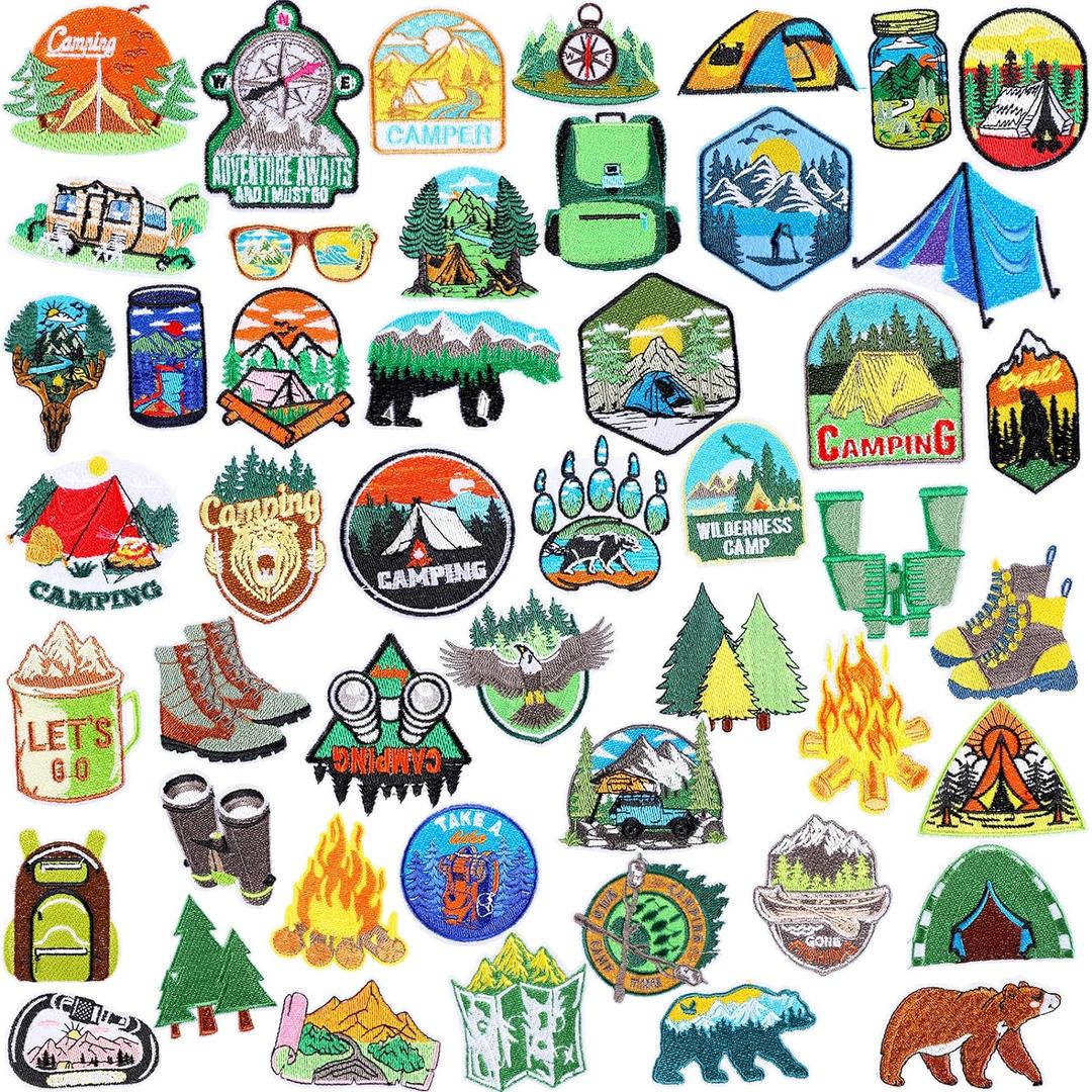 Hotop 48 Pcs Camping Theme Iron on Patches Adventure Outdoor Mountain Backpacking Sew on Patches Hiking Embroidered Applique for Jeans Jackets Clothes Backpack Cap DIY Crafts Sew Making