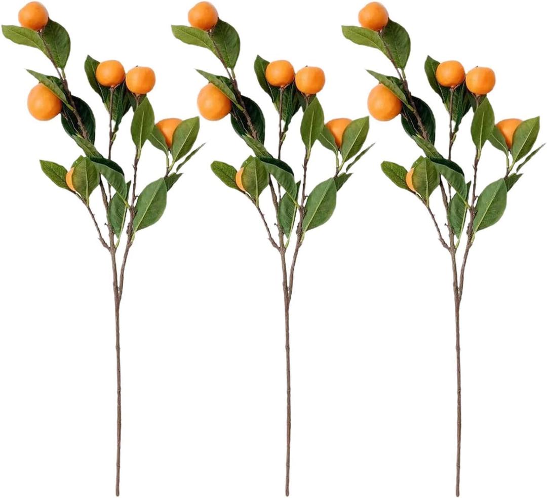 3 PCS Artificial Tangerine Branches, Simulation Orange Branch, Kumquat Tangerine Branch Lifelike Fake Fruit Props with Green Leaves for Decorative Fruit Flower Arrangement Photography Props