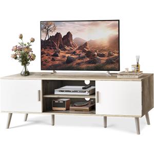SUPERJARE TV Stand for 55 Inch TV, Entertainment Center with Adjustable Shelf, 2 Cabinets, TV Console Table, Media Console, Solid Wood Feet, Cord Holes, for Living Room, Bedroom, Gray and White