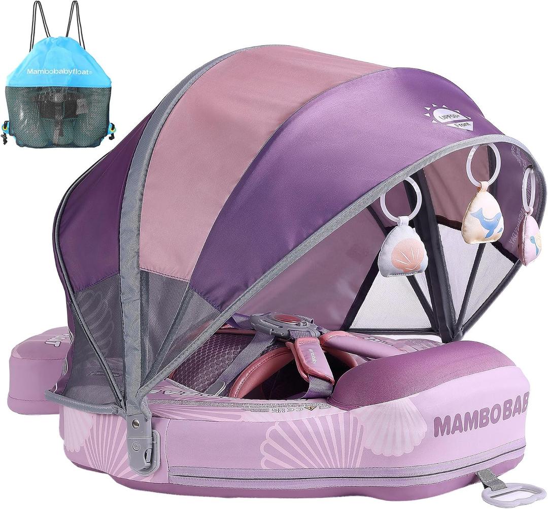 Mambobaby Float Add Tail Baby Swim Float with Canopy Solid Pool Infant Swim Trainer Swimming Training Lying Air Free Water Floats Non-Inflatable Waist Swim Ring for Toddlers (Shell - Purple), Medium