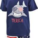 Boys 2pc Shorts Set Outfit Short Sleeve Shirt with Graphic Applique Print and Shorts (3T, Shark)