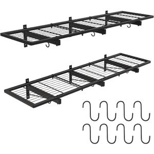 2 Pack Garage Wall Shelves, 46"X 12.5" Garage Shelving Wall Mounted, Heavy Duty Shelf Organizer with 8 Hooks, Black Floating Storage Metal Rack 320 LBS Capacity for Laundry Room, Office, Basement