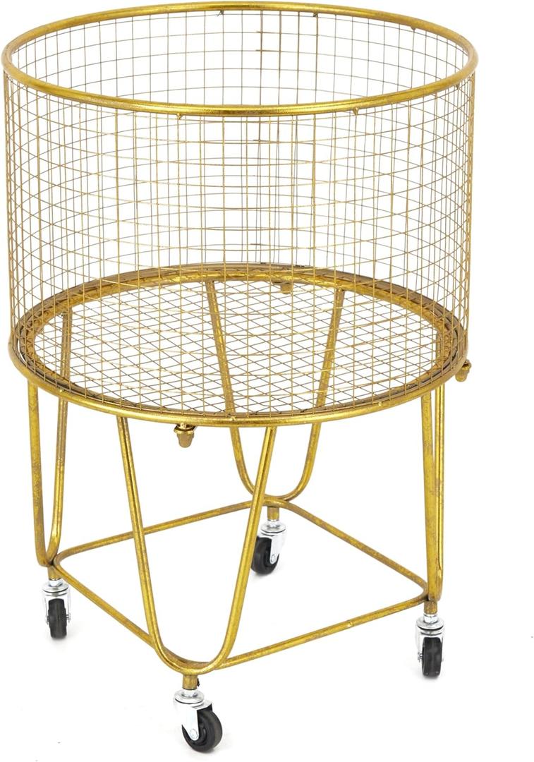 Deco 79 Metal Storage Cart Deep Set Metal Mesh Laundry Basket with Wheels, 16L x 16W x 24.95H, Gold (18" x 18" x 25") Deco 79 Metal Storage Cart Deep Set Metal Mesh Laundry Basket with Wheels, 16L x 16W x 24.95H, Gold (18" x 18" x 25")