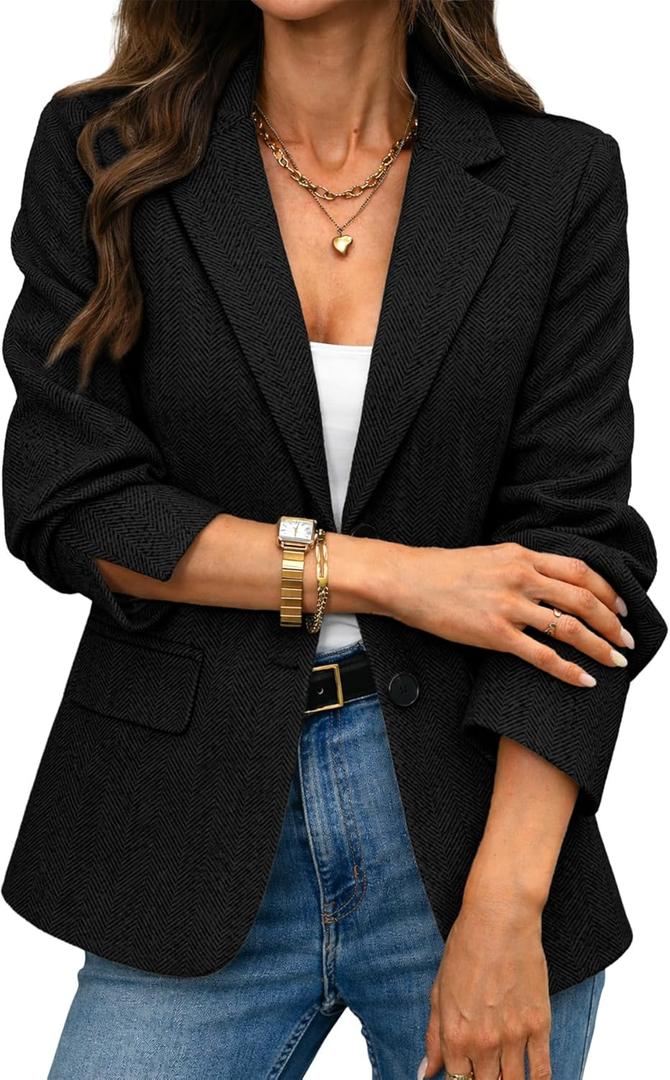 ELLEVEN Womens Herringbone Tweed Blazer  Slim Fit Business Casual Work Jacket with Flap Pockets, Long Sleeve (X-Large, Black)