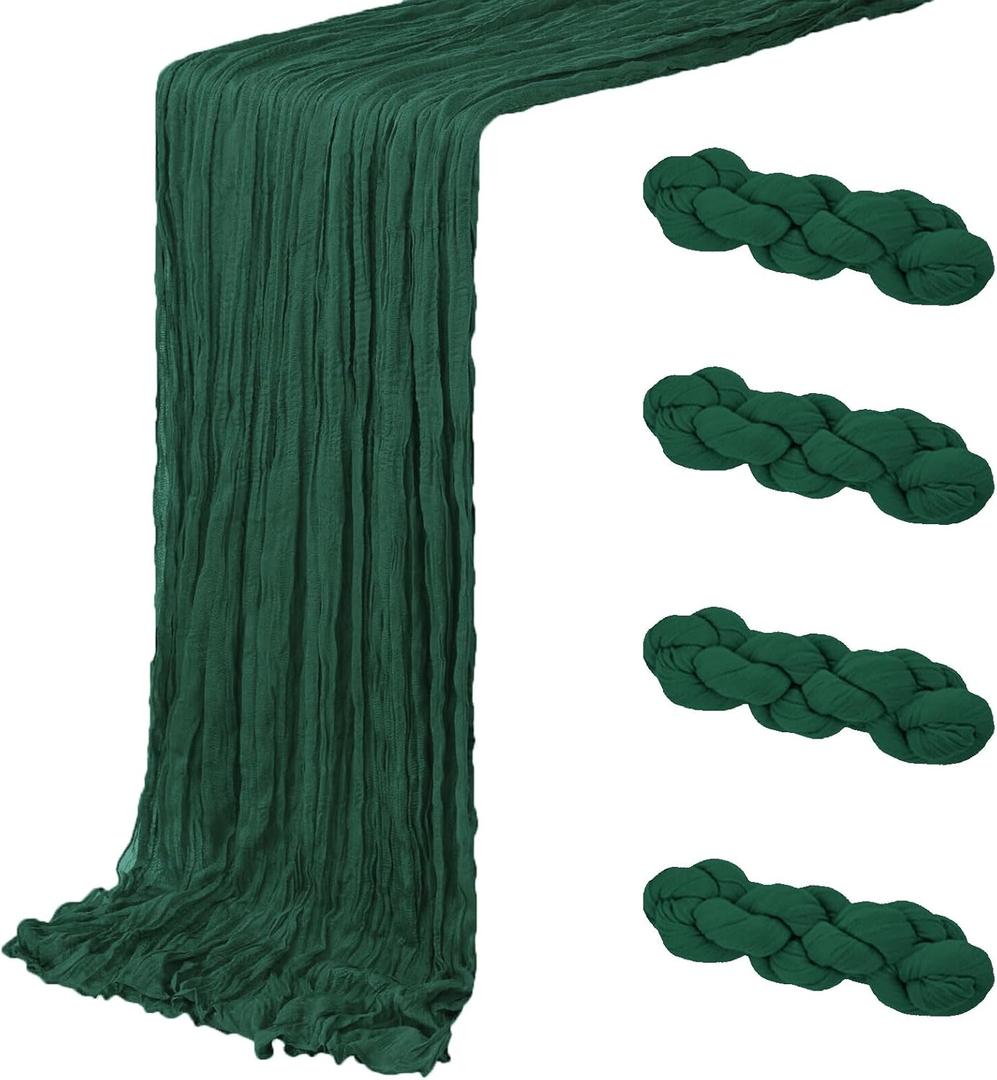 4 Pack Emerald Green Cheesecloth Table Runner 20 x 120 inch Gauze Table Runners 10 FT Long, Semi Sheer Boho Cheese Cloth Fabric Table Runner Bulk for Wedding, Party, Baby Shower, Bridal Shower Decoration