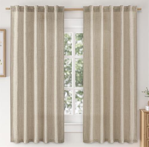 MIULEE Faux Linen Curtains 63 Inch Length 2 Panels Natural Burlywood Birch Semi Sheer Curtain with Back Tab Rod Pocket, Light Filtering Window Privacy Burlap Drapes for Living Room Bedroom 42W x 63L