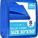 RAINDEWAY Large Tarps 30x50 Feet 8 Mil Multipurpose Blue Waterproof Tarp, 30x50 Feet-Finished Size