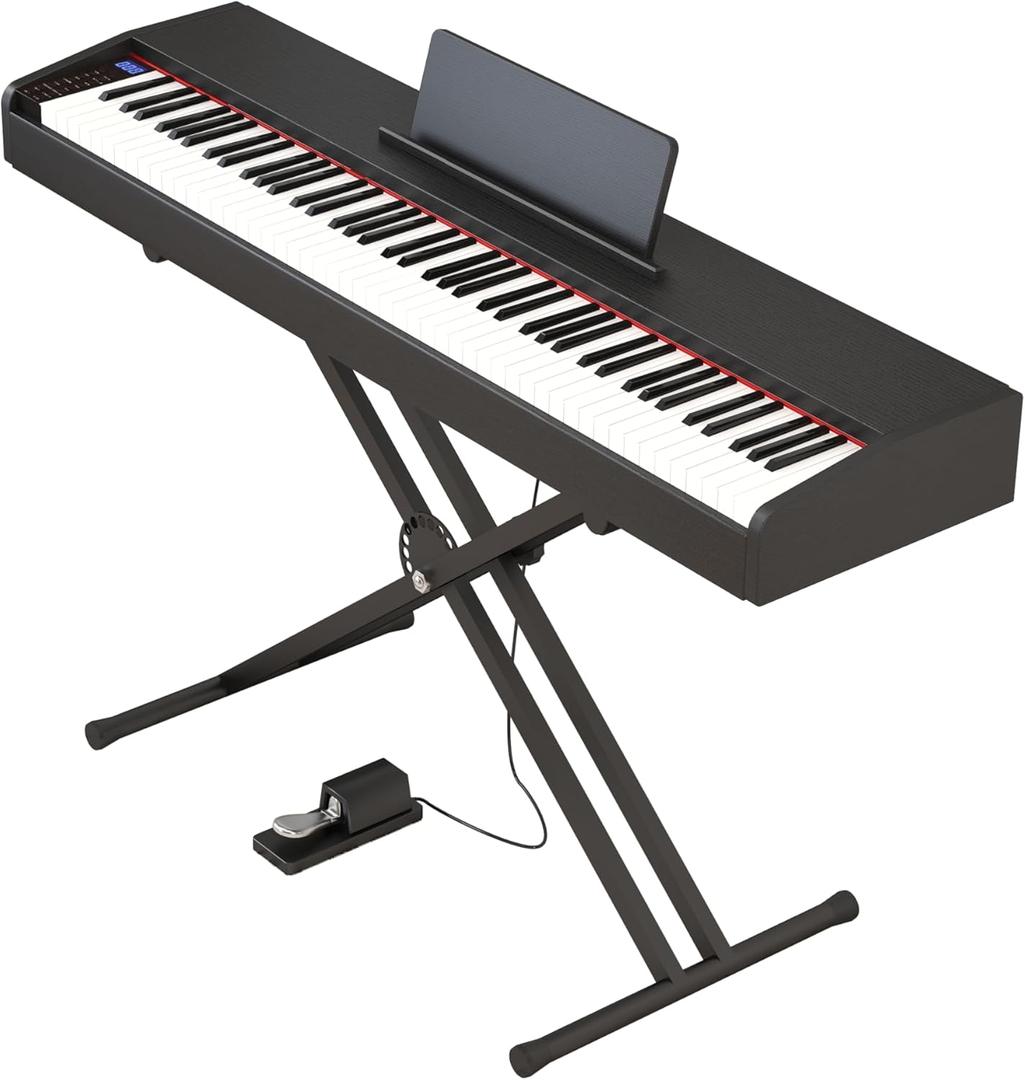 Digital Piano 88 key Semi Weighted Keyboard With X Stand & Sustain Pedal, Full-Size Beginner Electric Piano For Bluetooth, Headphone Mode, USB-MIDI (Black)