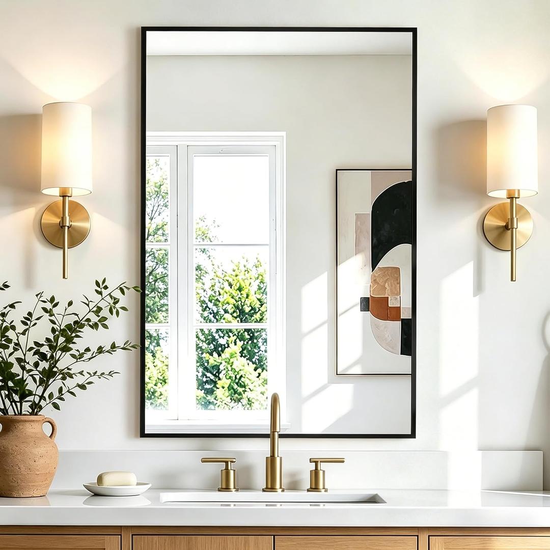 Rectangular Bathroom Mirror, 30"x20" Black Metal Framed Vanity Mirror, HD Shatterproof Wall Mirror, Horizontal or Vertical Hanging, Easy Installation for Bathroom, Bedroom, Living Room, Entryway