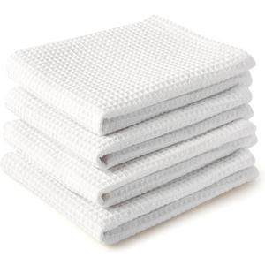 Encasa XO Kitchen Dish Towels Set | White | Waffle Weave and Flat Hand Tea Towel | 28"x18" | Quick Drying Reusable Cotton Washcloths | Multipurpose Lightweight Dishcloths Set of 4