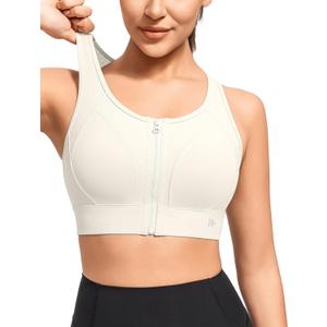 Yvette High Impact Support Sports Bras for Women Zip Front Closure Sports Bra Plus Size Supportive Mold Cups Running Workout, Medium Plus, Off-white