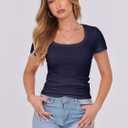 ANRABESS Women Short Sleeve Tops Scoop Neck Ribbed Knit Slim Fitted Basic Tee Shirt Casual Summer Clothes 2026 Spring Outfits (Blue, M)