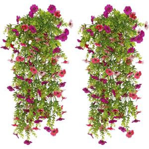 Artificial Hanging Flowers for Outdoors,2 Pack Silk Fake Plant UV Resistant Faux Flower for Front Door Porch Planter Patio Yard Garden(Pink Purple)