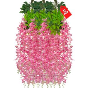 12 Pack Dark Pink Wisteria Hanging Flowers, 3.44 Ft Fake Hanging Flowers, Artificial Wisteria Garland Vines for Wedding Room Backdrop Outdoor Patio Garden Decoration