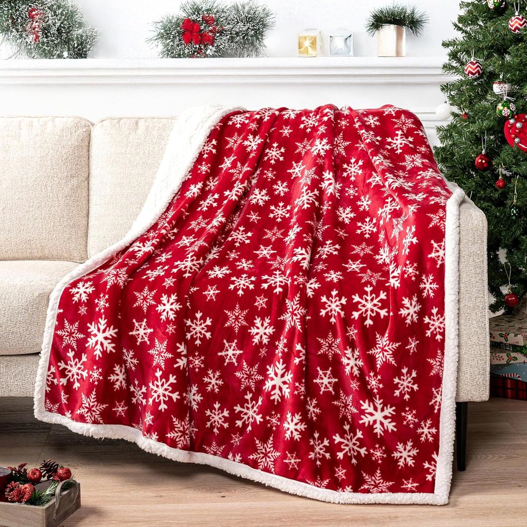 PAVILIA Red Snowflake Christmas Sherpa Throw Blanket, Ultra Soft Reversible Fleece Sherpa 50x60 Winter Blanket for Couch & Bed, Cozy Christmas Home Decor