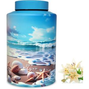 Large Cremation Urn for Adult Female Male Ashes, Decorative Funeral Blue Keepsake Memorial Urns for Human Women Man Dad Mom Remains with Velvet Bag(Ocean Heaven)
