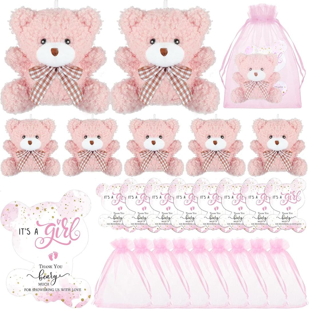 Sasylvia 25 Set Bear Baby Shower Favors for Guest 25 Mini Plush Toy Tiny Keychains 25 Thank You Tags 25 Organza Bag (Pink)