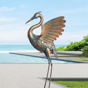 Metal Crane Garden Statue Decor, Bird Heron Garden Sculpture & Statue, Outdoor Decoration for Yard Pond Lawn Backyard Pool, Vintage Copper Metal Sculpture, 1PC