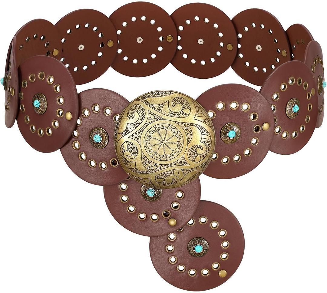 SUOSDEY Women's Wide Western Leather Concho Belt Vintage Cowgirl Boho Disc Belt for Dresses, Jeans, Skirts