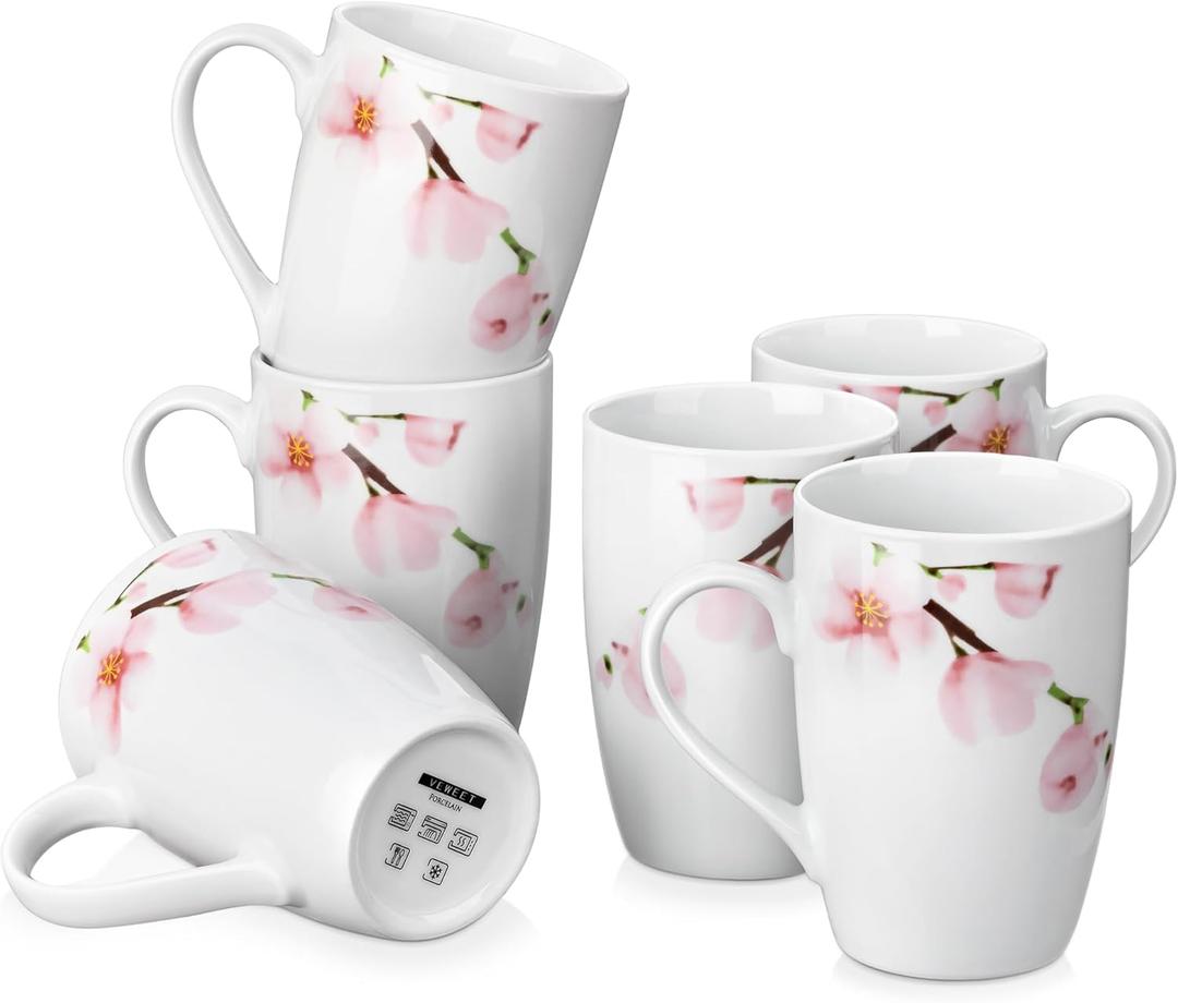 VEWEET Large Coffee Mugs Set of 6, 16 OZ Coffee Cups Set with Handle, Floral Mug Sets Ceramic Cup Set for Kitchen, Microwave& Dishwasher Safe, Series ANNIE
