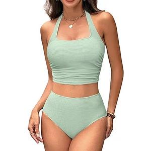 BMJL Womens High Waisted Bikini Sets Halter Two Piece Swimsuits Sporty Ribbed Tummy Control Bathing Suit (Medium, Green)