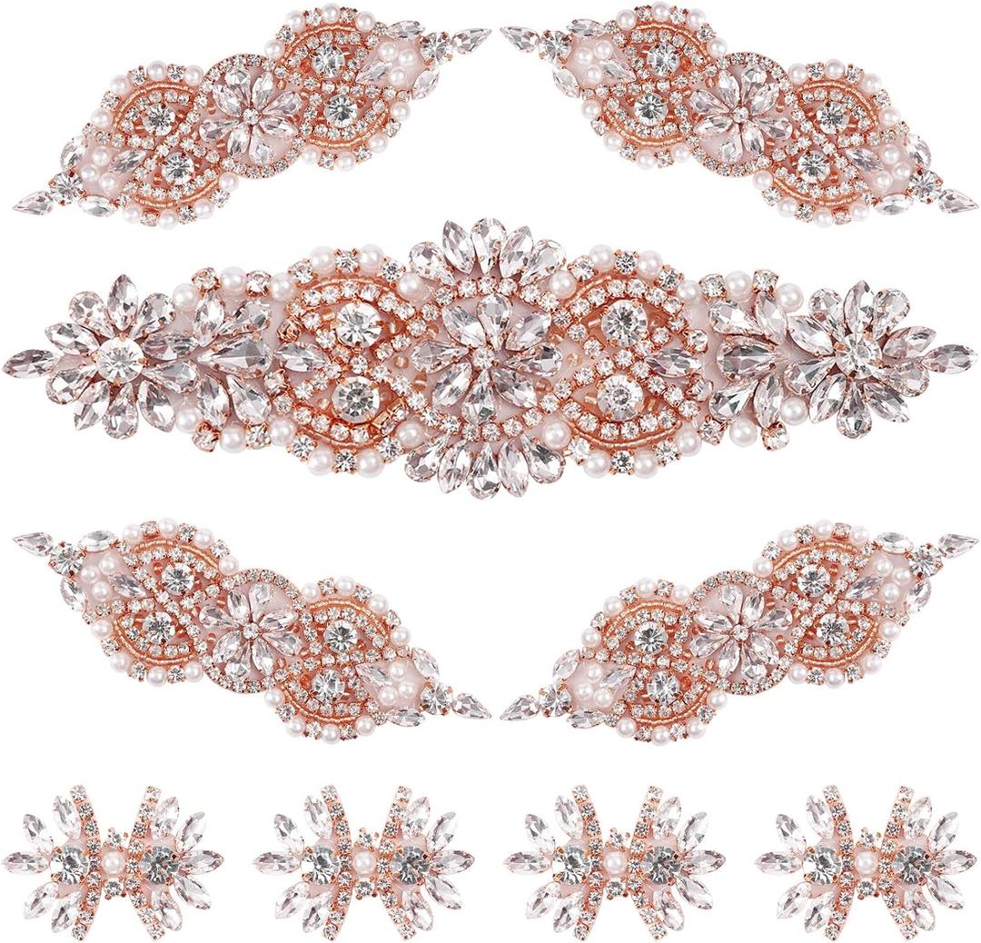 9 Pack Rhinestone Applique Crystal Wedding Applique Iron on Patch Applique DIY Sewing Appliques for Bridal Wedding Dress Clothes Shoes Decoration Handmade Wedding Accessories(Rose Gold)