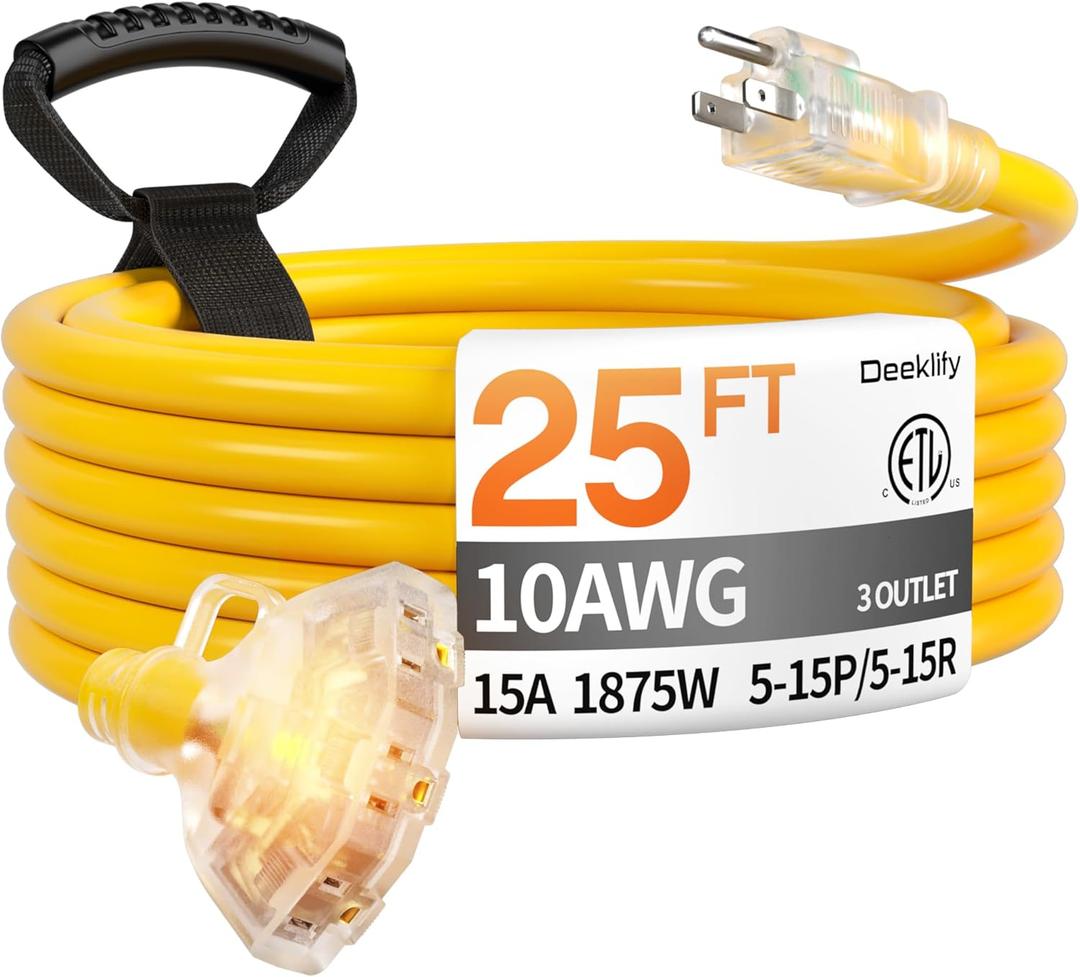 25 ft 10 Gauge Heavy Duty 3 Outlet Extension Cord Splitter with Indicator, Waterproof Outdoor Extension Cord with Multiple Outlets, 15A 1875W for Workshop, ETL Listed, Flexible Yellow SJTW
