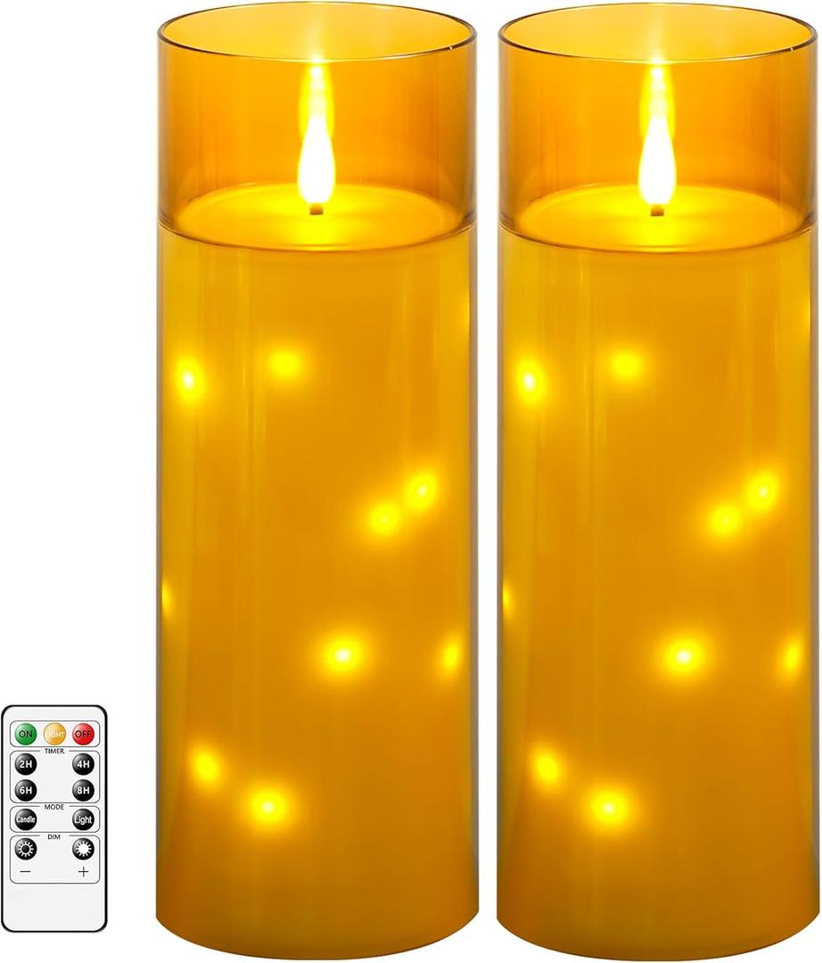 Sasigeiaa Waterproof Outdoor Candles with Timer & Remote - Battery Operated LED Candles, Realistic Flameless Plastic Pillar, Pack of 2 (4" D x 10" H, Gold) for Patio, Garden Camping Rainy Weather