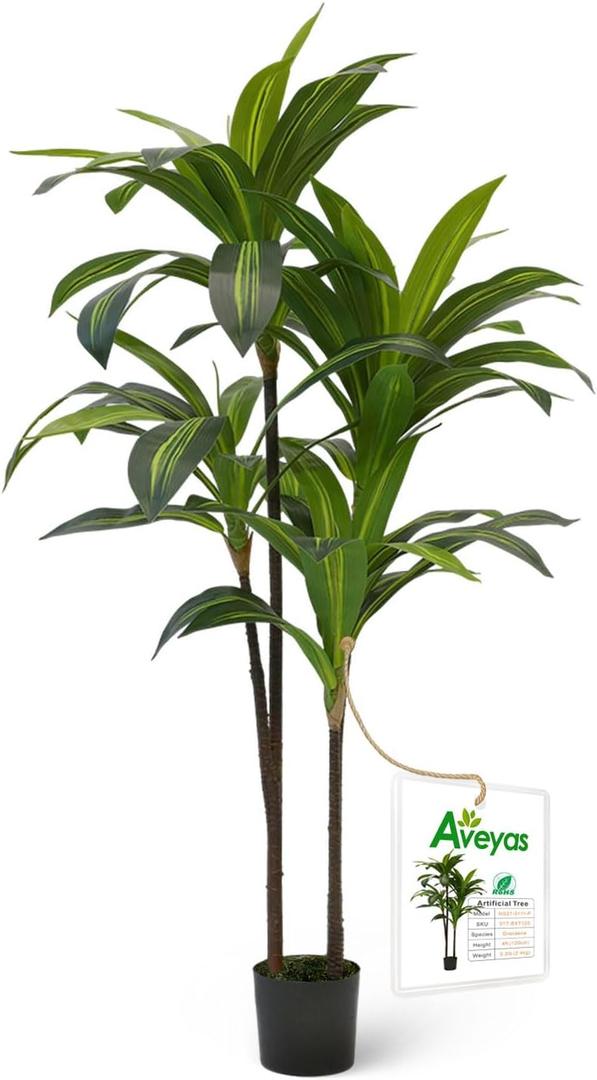 Aveyas 4ft Artificial Dracaena Tree for Home Decor, 4 Feet Real Touch Large Faux Plant Fake Silk Floor Trees with Pot for Indoor Outdoor House Living Room Office (4 ft Tall)