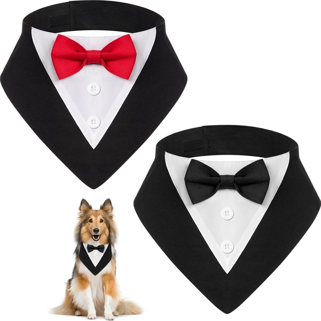Shinylin 2 Pcs Formal Dog Tuxedo Wedding Dog Bandana Collar with Red Black Bow Ties Adjustable Pet Engagement Birthday Tux Outfit Suit for Large Dogs XL Pets