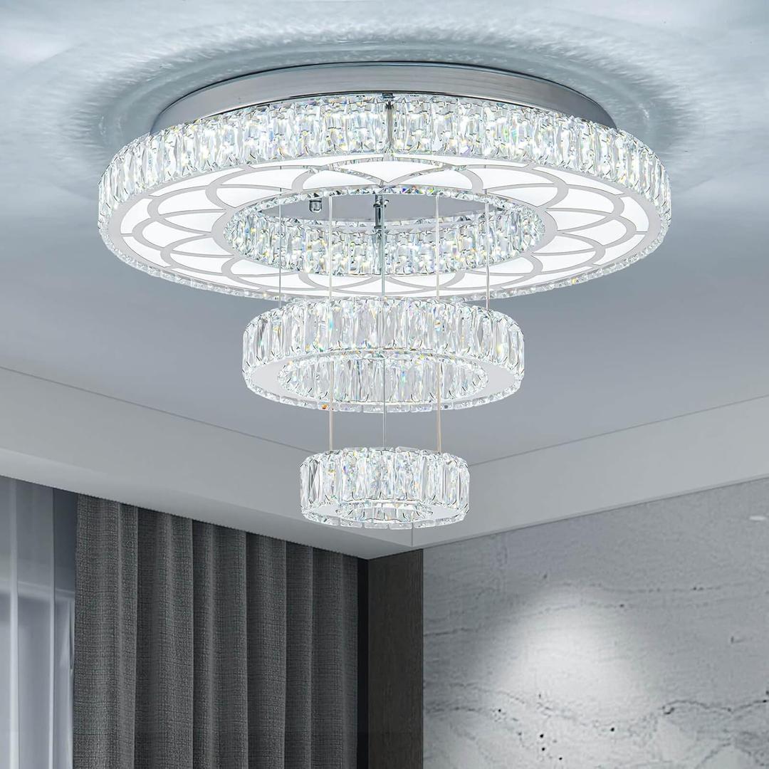 21" Crystal Ceiling Lamp 3 Ring Large Modern LED Chandelier Acrylic Adjustable Pendant Light Fixtures for Dining Room Living Room Girls Bedroom (Cool White)