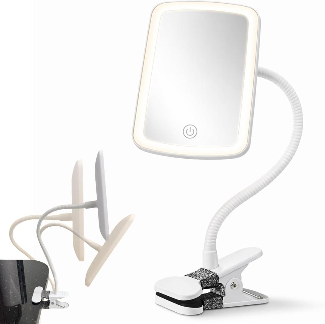 Ezcora Clip On Lighted Makeup Mirror with Flexible Gooseneck, Portable Vanity Mirror with Lights for Desk, Bathroom, Car, and Travel, Rechargeable Vanity Mirror for Makeup and Skincare