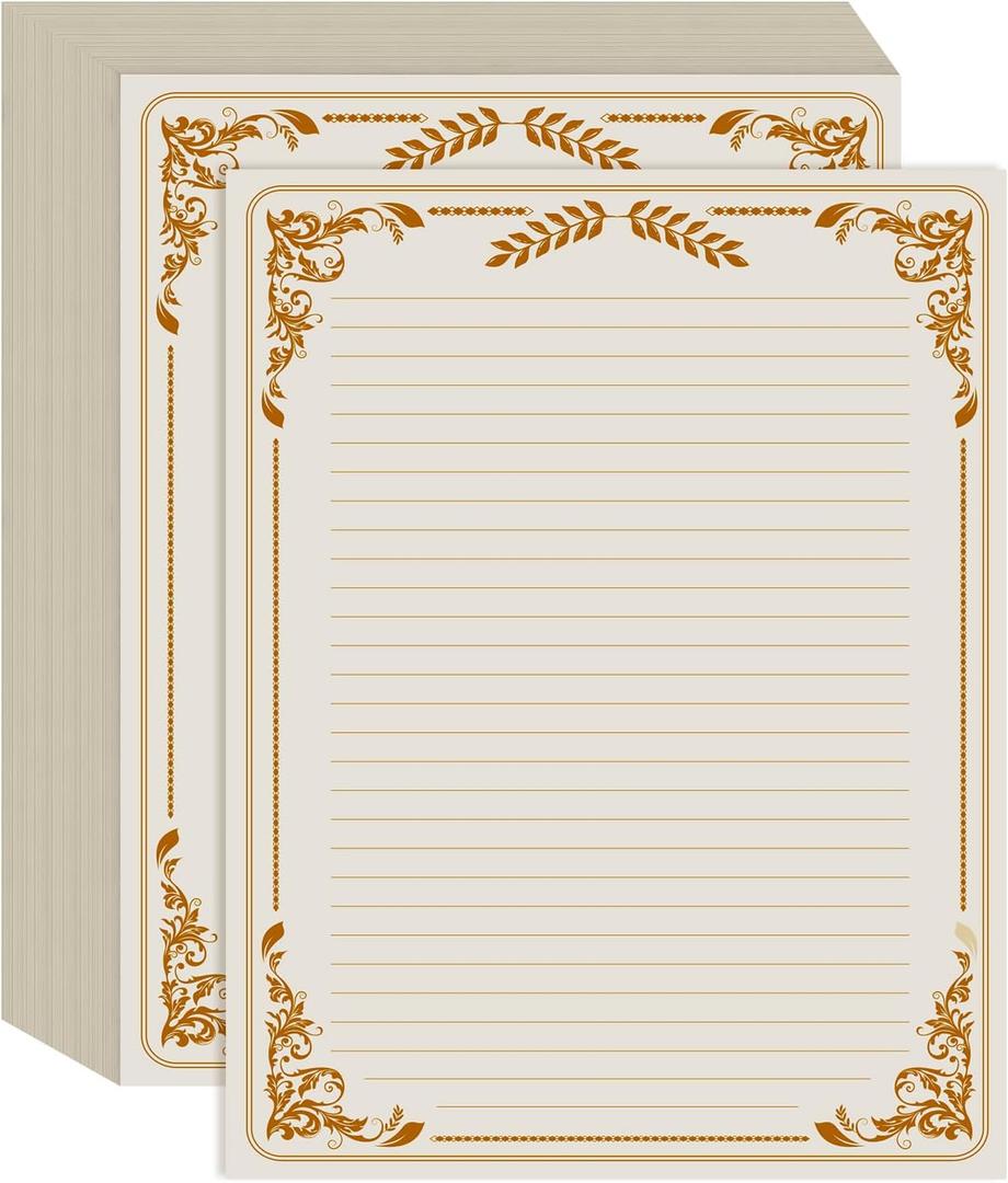 Vintage Lined Letter Paper - 100 Sheets, Stationary Paper for Writing Letters with Lines & Antique Border Design for Stationery Writing Papers,Invitations & Notes, 100gsm, 8.5'' x 11'', Brown