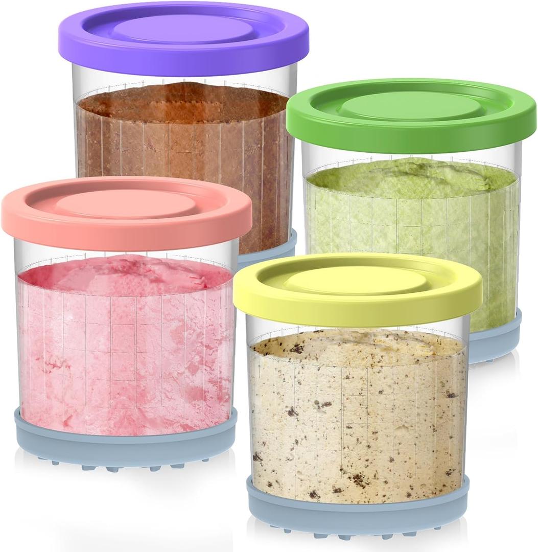 for Ninja Creami Containers, Compatible with NC299AMZ & NC300s Series Creami Ice Cream Makers, 16OZ Creami and Lids 4 Pack, Extra Cups Replacement for Ninja Creamy Pints, Airtight Dishwasher Safe