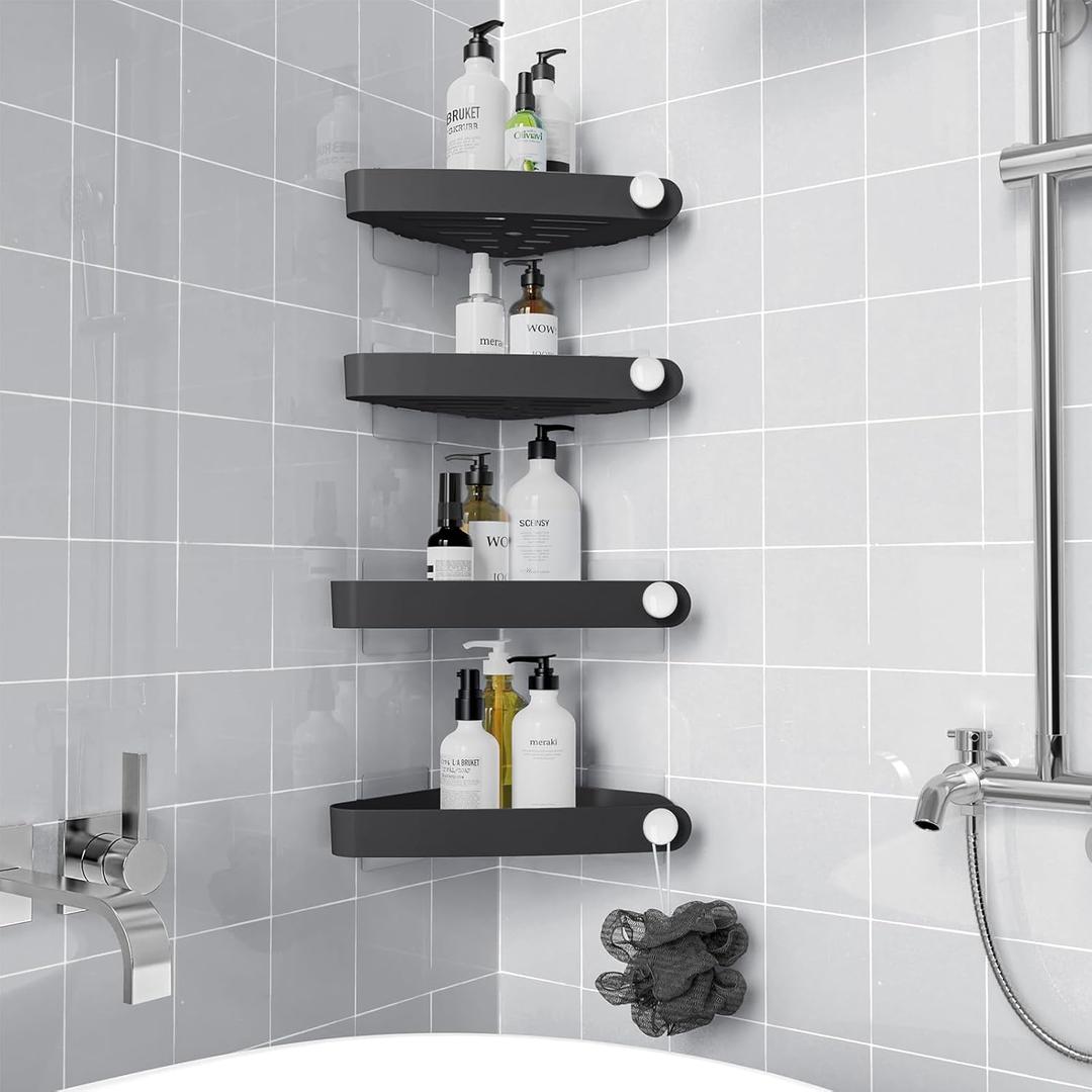 Sotfamily Plastic Shower Caddy Corner (for 90 Only), 4 Pack Adhesive Corner Shower Shelves for Smooth Wall Bathroom Organizers and Storage, Black