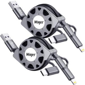 Multi Charging Cable [2Pack 3.3ft] Retractable Multi Fast Charging Cord 3 in 1 USB Phone Charger Cable with Lightning/Type C/Micro USB Ports for iPhone,iPad,Huawei,HTC,Samsung Galaxy Tablets/More