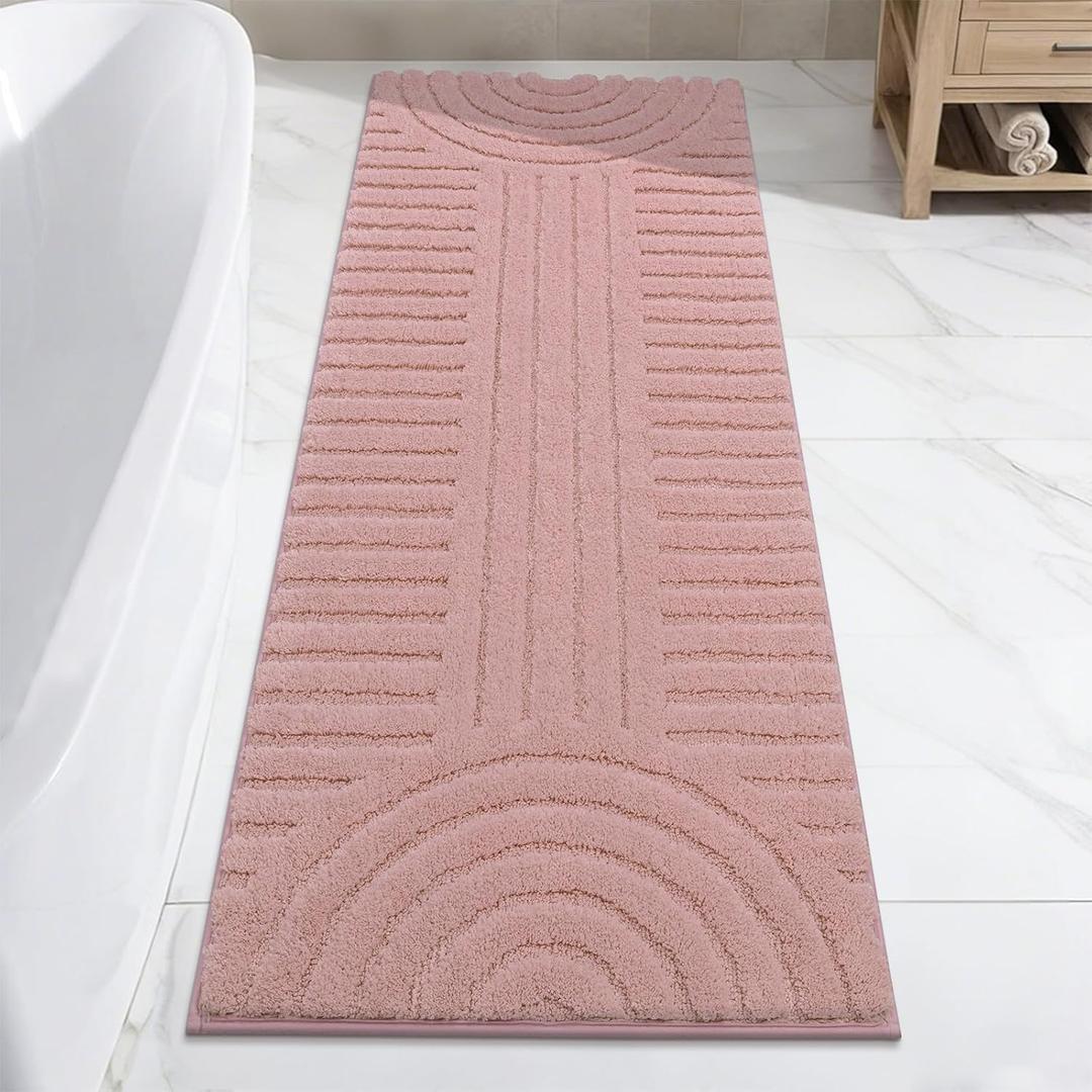 SHACOS Super Soft Bathroom Runner Rugs 24"x60" Non Slip Boho Bathroom Mats Microfiber Absorbent Carpet for Bath Room Machine Washable Shaggy Bath Rugs for Shower Bathtub Home Decor, Grey Pink 2'x5'