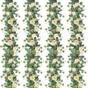 TOCHGREEN 2 Pack 24Ft Artificial Eucalyptus Flower Garland with Champagne Roses, Fake Rose Flower Greenery Garland Floral Vines for Wedding Home Party Table Runner Decor (2PCS, Champagne)