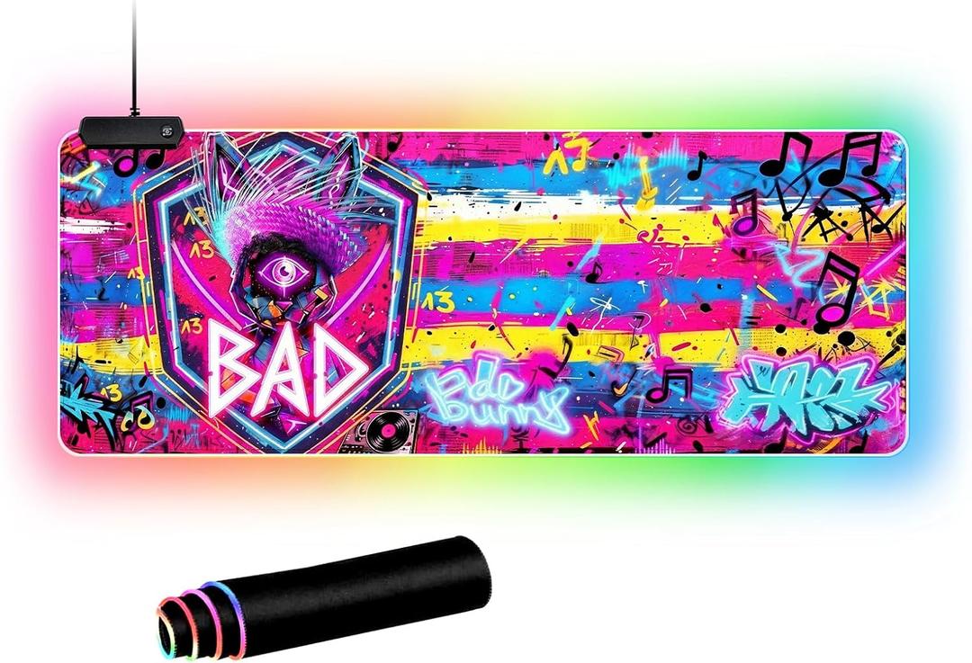 Cyberpunk Neon Rabbit RGB Gaming Mouse Pad 31.5"x11.8" Large LED Desk Mat with Urban Street Art Design Third Eye, Shield & Straw Hat Motif for PC & Laptop Setup