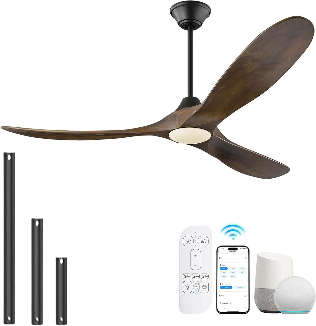 60 Inch Ceiling Fans with Lights, Outdoor Ceiling Fans for Patios with Light Damp Rated, 3 Blades Wood DC Ceiling Fan Modern Large Airflow Commercial Ceiling Fan with Remote & APP for Exterior Indoor | 3 Blades Wood Propeller Ceiling Fan with Alexa/Remote/App Control Modern Large Airflow for Commercial Exterior Indoor Porch